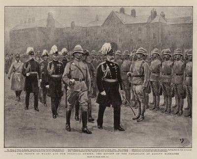 Il Principe di Galles e i nostri ospiti coloniali, la rassegna dei canadesi agli Albany Barracks da Frank Dadd